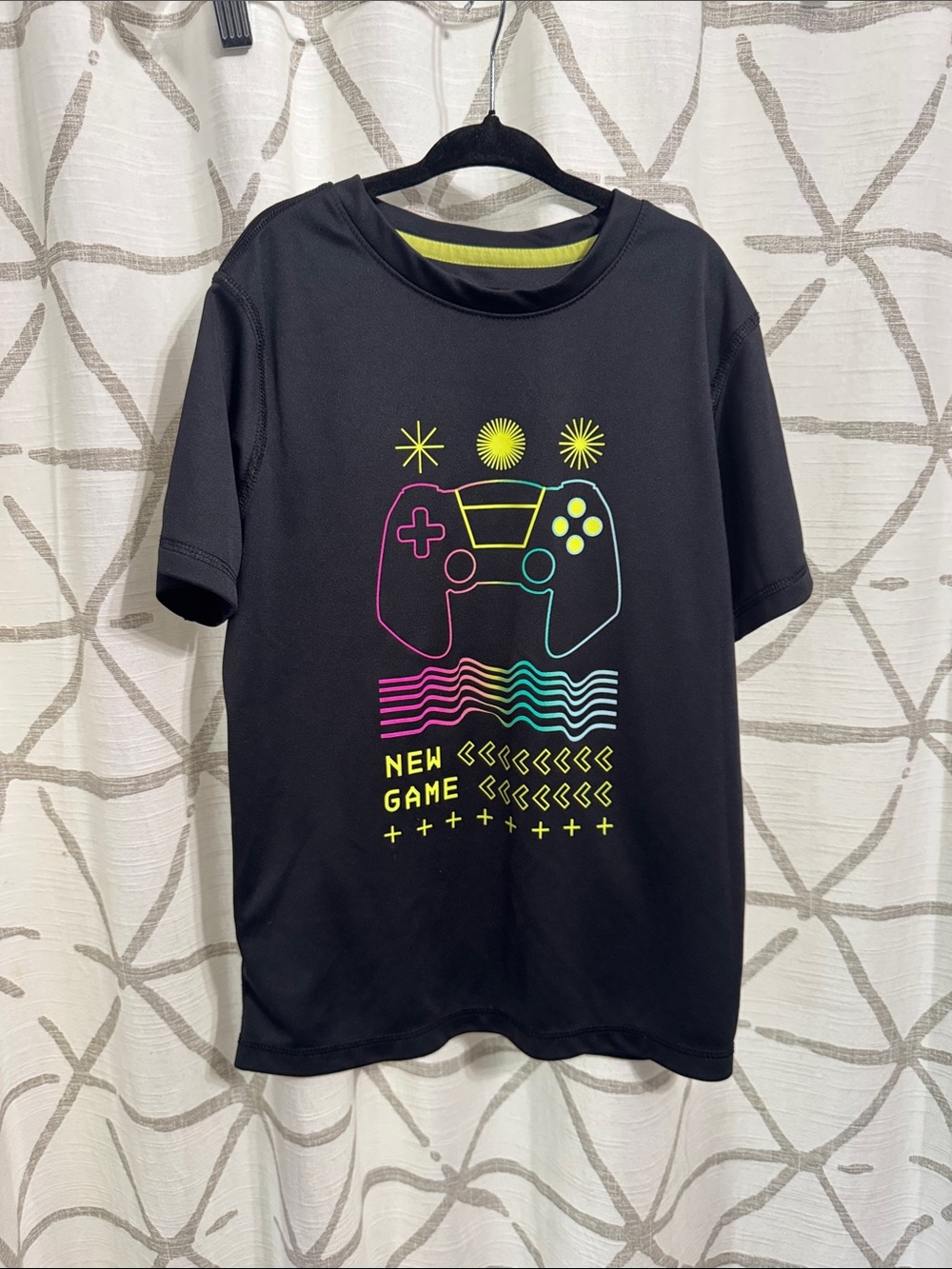 all in motion Black Tee with Neon Pink, Yellow, and Teal Controller Graphic